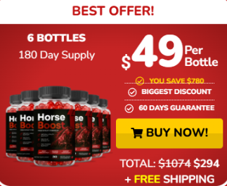 Horse Boost 6-bottle package, $49 per bottle, biggest discount, 60-day guarantee, total $294 with free shipping