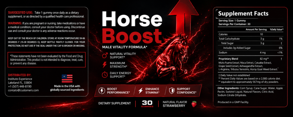 Horse Boost ingredient label showing Muira Puama, Maca Root, Catuaba Bark, Ashwagandha, L-Arginine and Tribulus Terrestris
